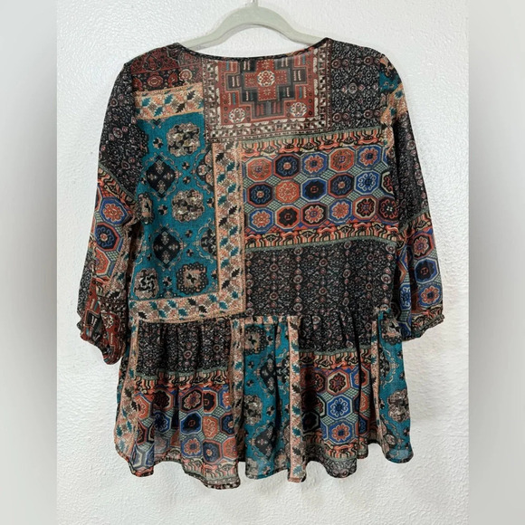 Umgee Bohemian Brown Half Button Down Peplum Semi Sheer Blouse Top Womens Medium - Picture 8 of 10